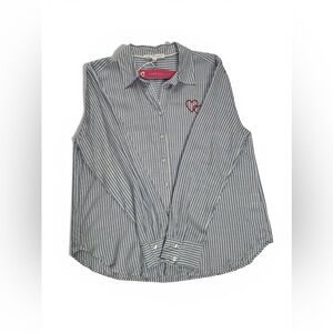 Jane + Delancey Blue White Striped Button Up Shirt Red Heart Embroidery L